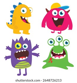 Funny cartoon monsters with different face expressions. Set of cartoon vector happy monsters characters. Halloween design for party decoration,  package design