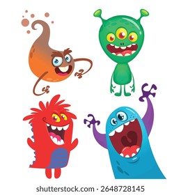 Funny cartoon monsters with different face expressions. Set of cartoon vector happy monsters characters. Halloween design for party decoration,  package design