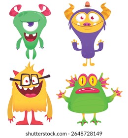 Funny cartoon monsters with different face expressions. Set of cartoon vector happy monsters characters. Halloween design for party decoration,  package design