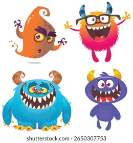 Funny cartoon monsters with different face expressions. Set of cartoon vector happy monsters characters. Halloween design for party decoration,  package design