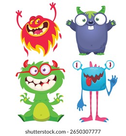 Funny cartoon monsters with different face expressions. Set of cartoon vector happy monsters characters. Halloween design for party decoration,  package design