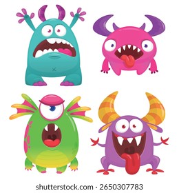 Funny cartoon monsters with different face expressions. Set of cartoon vector happy monsters characters. Halloween design for party decoration,  package design