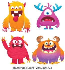 Funny cartoon monsters with different face expressions. Set of cartoon vector happy monsters characters. Halloween design for party decoration,  package design