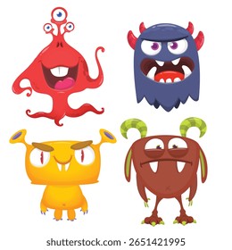 Funny cartoon monsters with different face expressions. Set of cartoon vector happy monsters characters. Halloween design for party decoration,  package design
