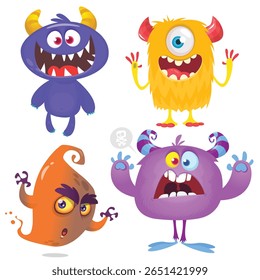 Funny cartoon monsters with different face expressions. Set of cartoon vector happy monsters characters. Halloween design for party decoration,  package design