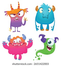 Funny cartoon monsters with different face expressions. Set of cartoon vector happy monsters characters. Halloween design for party decoration,  package design