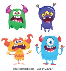 Funny cartoon monsters with different face expressions. Set of cartoon vector happy monsters characters. Halloween design for party decoration,  package design