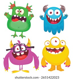 Funny cartoon monsters with different face expressions. Set of cartoon vector happy monsters characters. Halloween design for party decoration,  package design