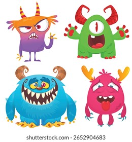 Monstros engraçados de desenhos animados com diferentes expressões faciais. Conjunto de personagens de monstros felizes de vetor de desenhos animados. Design de Halloween para decoração de festa, design de pacote