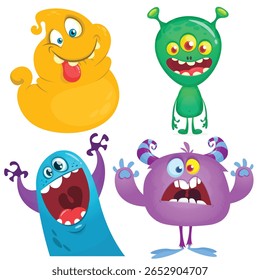 Funny cartoon monsters with different face expressions. Set of cartoon vector happy monsters characters. Halloween design for party decoration,  package design