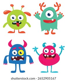 Funny cartoon monsters with different face expressions. Set of cartoon vector happy monsters characters. Halloween design for party decoration,  package design