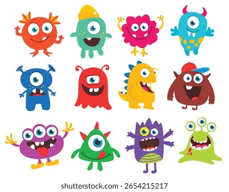 Funny cartoon monsters with different face expressions. Set of cartoon vector happy monsters characters. Halloween design for party decoration,  package design