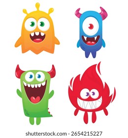 Funny cartoon monsters with different face expressions. Set of cartoon vector happy monsters characters. Halloween design for party decoration,  package design