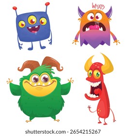 Monstros engraçados de desenhos animados com diferentes expressões faciais. Conjunto de personagens de monstros felizes de vetor de desenhos animados. Design de Halloween para decoração de festa, design de pacote