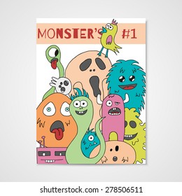 Funny cartoon monsters poster in bright colors