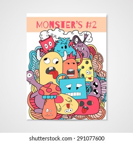 Funny cartoon monsters poster in bright colors