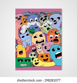 Funny cartoon monsters poster in bright colors