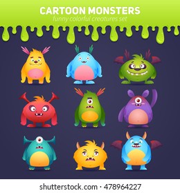 Funny cartoon monsters set with facial expressions isolated on background for Halloween and children birthday celebration designs
