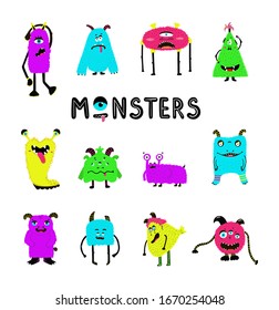 Funny Cartoon Monsters Set Hand Drawn Stock Vector (Royalty Free ...
