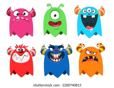 Funny cartoon monsters. Set of cartoon vector scary colorful monsters. Halloween design for decoration, stickers or cutout yard art sign standee. Great for children book. Isolated