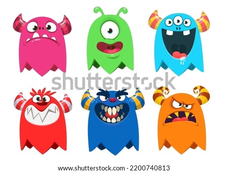 Funny cartoon monsters. Set of cartoon vector scary colorful monsters. Halloween design for decoration, stickers or cutout yard art sign standee. Great for children book. Isolated