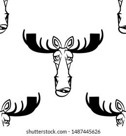 Funny cartoon moose character. Seamless pattern. Design template for wallpapers, wrapping, textile. Black-white animal head. Vector Illustration