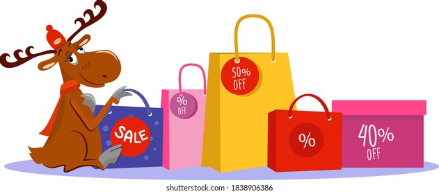 Funny cartoon moose with purchases. Cute character in red cap sitting, relax after good shopping. Concept of super sale, happy customer. Vector illustration, isolated on white background