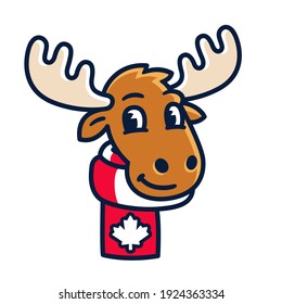 Funny cartoon moose with scarf in Canadian flag colors. Symbol of Canada, vector clip art illustration