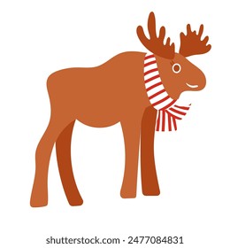 Funny cartoon moose with scarf in Canadian flag colors. Symbol of Canada, vector clip art illustration