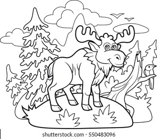 funny cartoon moose wanders through the woods