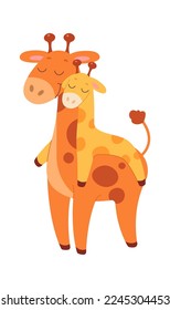 Funny cartoon mother and baby giraffes Cute animals. Vector illustration