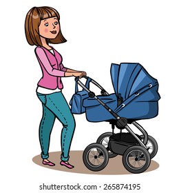 Funny Cartoon Mother With Baby Stroller. Vector Illustration