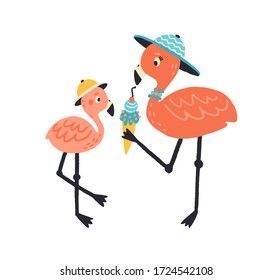 Funny cartoon mother and child flamingo eating ice cream together. Colorful cute wild bird family in hat isolated on white background. Joyful mom give to kid sweet delicious waffle cone