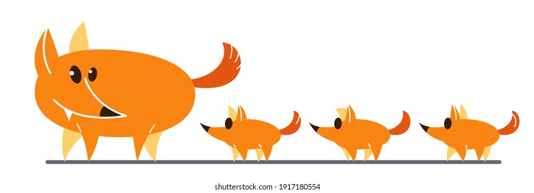 Funny cartoon mother fox with kids fox flat vector illustration isolated on white, wildlife animal humorous drawing.