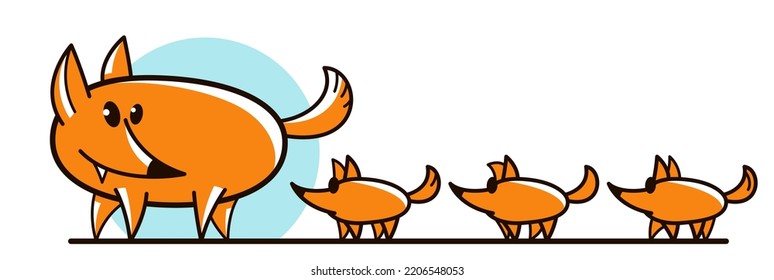 Funny cartoon mother fox with kids fox flat vector illustration isolated on white, wildlife animal humorous drawing.