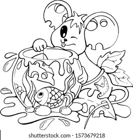 Funny cartoon Mouse catching a fish, happy moments cute vector doodle stock illustration, black and white print for greeting / invitation card, coloring book, t-shirt, fabric