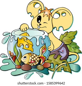 Funny cartoon Mouse catching a fish, happy moments cute vector doodle stock illustration, isolated color print for greeting / invitation card, poster, t-shirt, fabric, children book