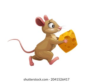 Funny cartoon mouse with cheese vector cute little rodent animal character. Brown rat or mouse running with piece of yellow swiss cheese, hungry rat stealing food, isolated background