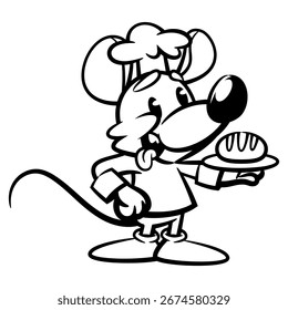 Uma caricatura engraçada de um chef de rato vestindo um chapéu de chef e uniforme, carregando um pão fresco em um prato. Este design é perfeito para os contornos das crianças, logotipos e livros de colorir com um tema de padaria