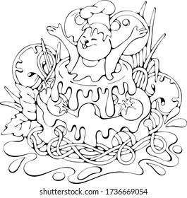 Funny cartoon mouse chief cook in cheese and pasta cake, cute vector doodle stock illustration, black and white print for greeting / invitation card, coloring, book, t-shirt, fabric