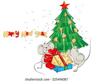 Funny cartoon mouse divide the cheese under the Christmas tree