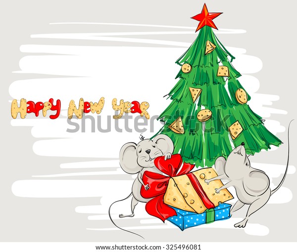 Funny cartoon mouse divide the cheese under the
Christmas tree