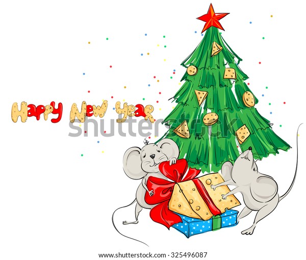 Funny cartoon mouse divide the cheese under the\
Christmas tree