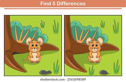 Funny cartoon mouse. Find 5 differences. Kids Education games. Cartoon vector illustration