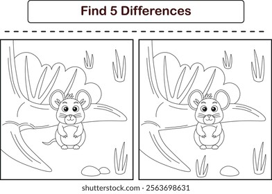 Funny cartoon mouse. Find 5 differences. Kids Education games. Cartoon vector illustration