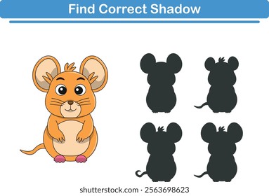 Funny cartoon mouse. find the correct shadow. Kids Education games. Cartoon vector illustration