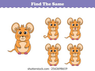 Funny cartoon mouse. Find same pictures. Educational game for children. Cartoon vector illustration