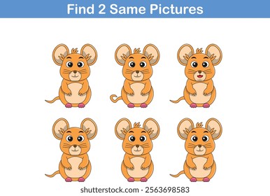 Funny cartoon mouse. Find two same pictures. Educational game for children. Cartoon vector illustration