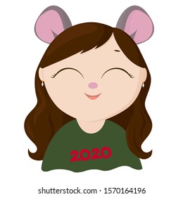 Funny cartoon mouse girl in a green T-shirt, a symbol of the new year 2020, a child in a carnival costume on a white background