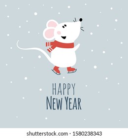 Funny cartoon mouse on skates. Winter card with new year 2020 cute rat,  mouse. Vector illustration of chinese 2020 new year symbol